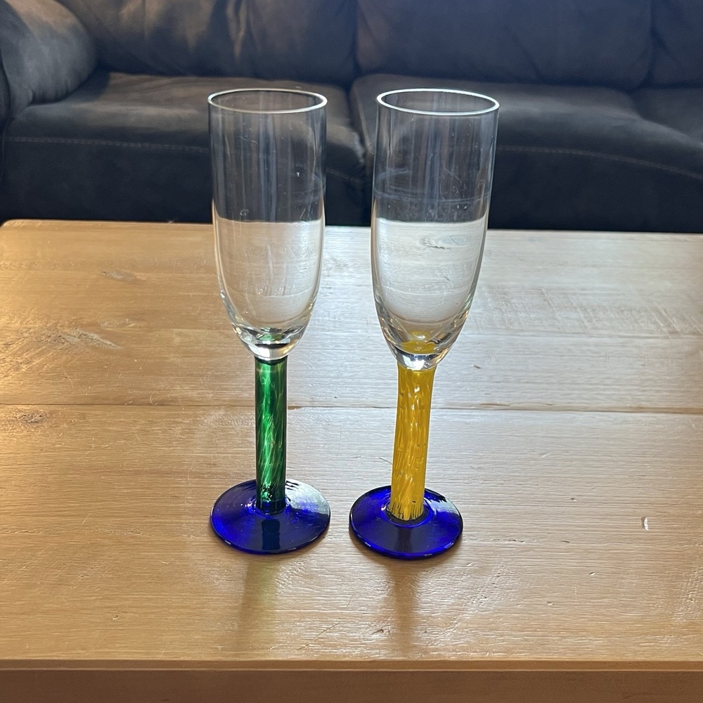 Set of 2 Dansk Colorful Art Glass Champagne Flutes Cobalt Blue Stemware Goblets